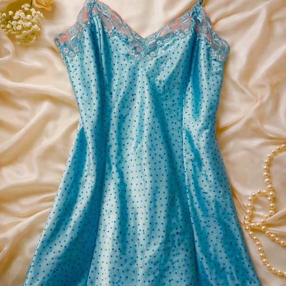 Victoria's Secret Other - Victoria's Secret Aqua Blue Polka Dot Satin Slip with Lace Trim